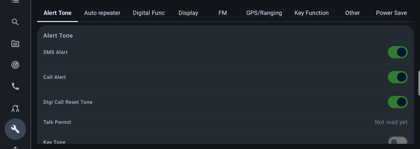 Radio Settings screen with CPS-style tabs and switches