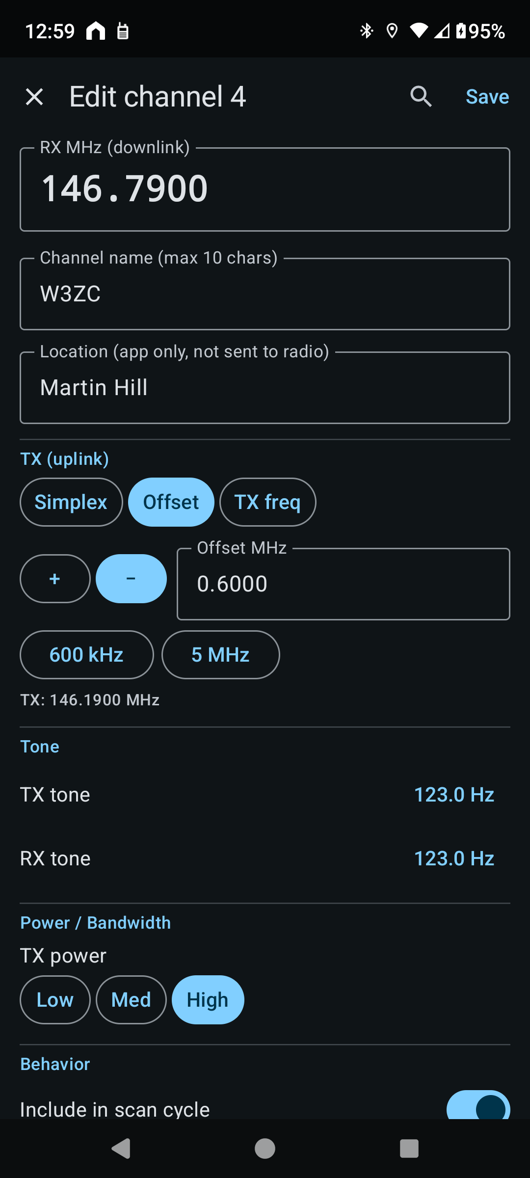 N7500 Dashboard's full-screen channel editor with RX frequency, name, location, offset, tones, and power
