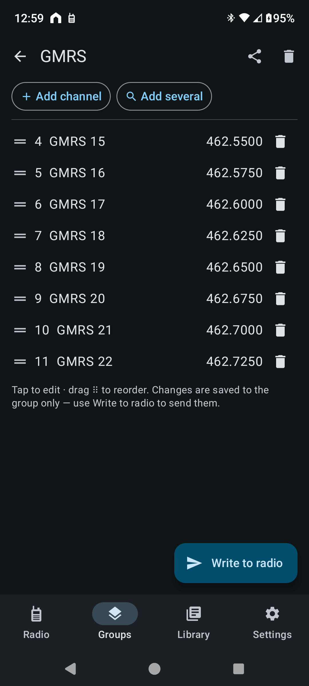 N7500 Dashboard's GMRS group open, with Add channel, Add several, draggable channels, and Write to radio