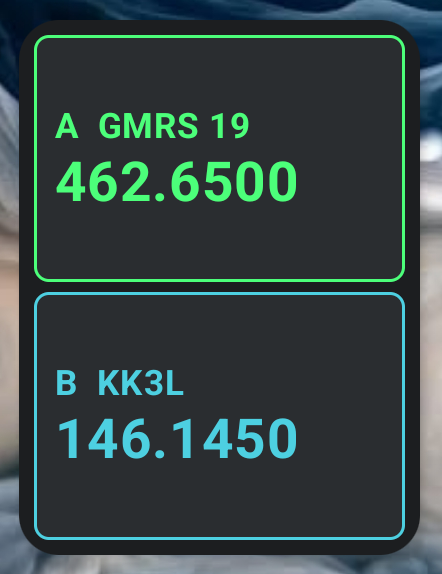 N7500 Dashboard's floating window over the home screen showing Slot A GMRS 19 462.6500 and Slot B KK3L 146.1450