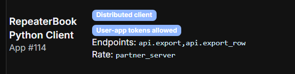 RepeaterBook's API Apps page showing the RepeaterBook Python Client, App #114, with Distributed client and User-app tokens allowed badges
