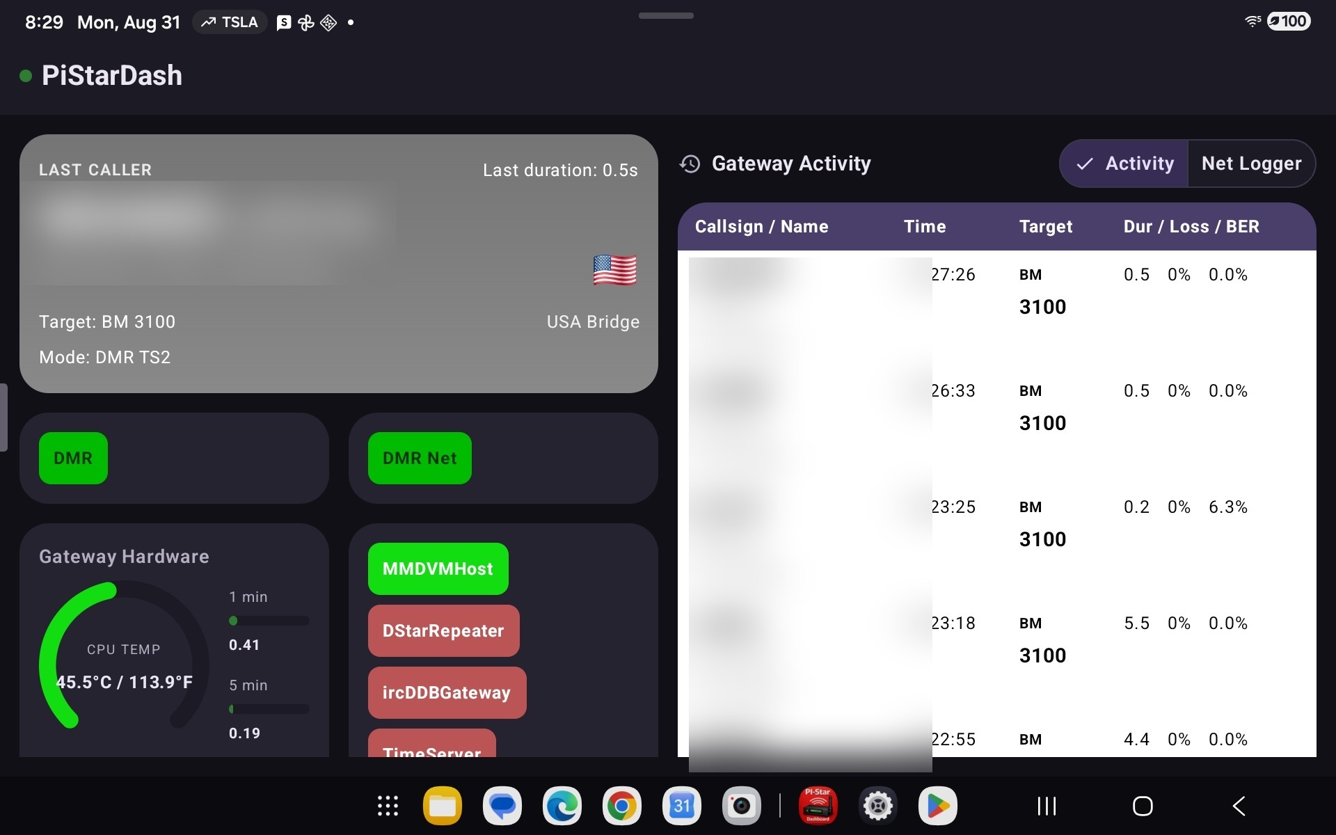 PiStarDash dashboard with the Activity/Net Logger segmented toggle, on a tablet