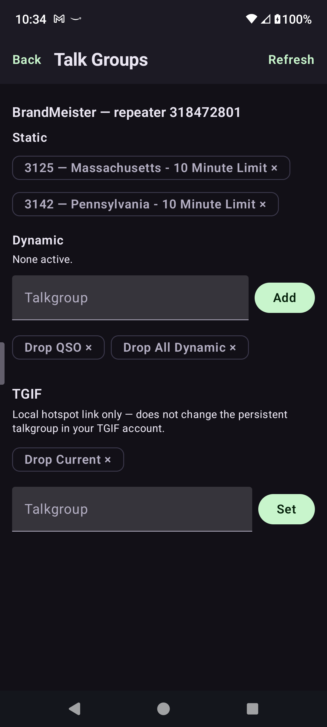 PiStarDash Talk Groups screen managing BrandMeister and TGIF